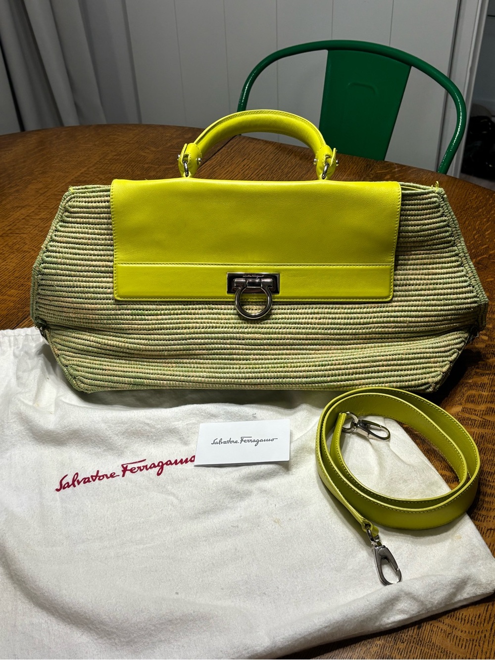 Salvatore Ferragamo Neon Yellow and Natural Raffia Top-Handle Satchel
